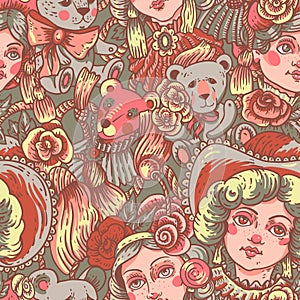 Vintage doll seamless pattern, vector flowers and needlework cartoon texture