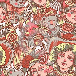 Vintage doll seamless pattern, vector flowers and needlework cartoon texture