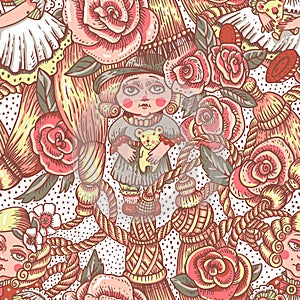 Vintage doll seamless pattern, vector flowers and needlework cartoon texture