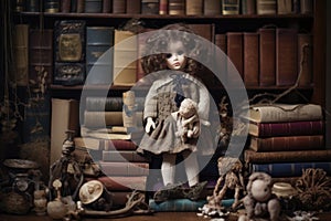 vintage doll surrounded by old books and trinkets