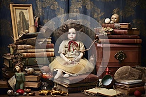 vintage doll surrounded by old books and trinkets