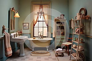 vintage dollhouse bathroom with clawfoot tub and vanity
