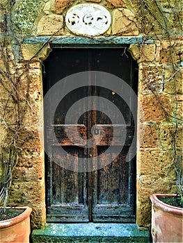 Vintage door and corner, plants, branches and fairytale in Civita di Bagnoregio, town in the province of Viterbo, Italy