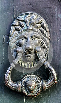 Vintage door knocker on green wooden door