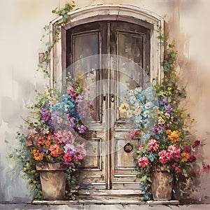 Vintage doors adorned with colorful flowers