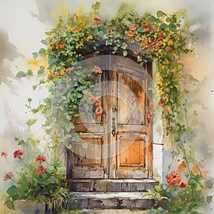 Vintage doors adorned with colorful flowers