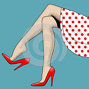 Vintage drawing of beautiful woman legs in red high-heeled shoes