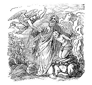 Vintage Drawing of Biblical Abraham is Going to Sacrifice Isaac, but is Stopped by Angel