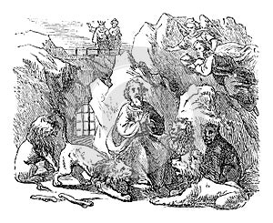 Vintage Drawing of Biblical Prophet Daniel in Lion`s Den. Old Man Surrounded by Lions. Bible, Old Testament, Daniel 6