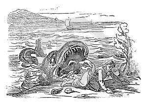 Vintage Drawing of Biblical Prophet Jonah Vomited by Big Fish. Old Man and Big Water Monster. Bible, Old Testament