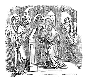 Vintage Drawing of Biblical Story of Baby Jesus in Temple with Mother Mary and Father Saint Joseph, Simeon and Anna