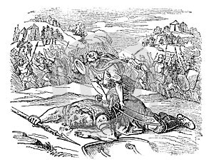 Uralt zeichnung aus biblisch geschichte aus a. klein mann besiegt der große Krieger auf der schlachtfeld 