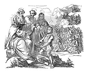 Vintage Drawing of Biblical Story of How Jesus Feeds the Five Thousand by Five Loaves and Two Fish.Bible, New Testament