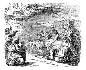 Vintage Drawing of Biblical Story of Israelites Bow Down Under Mount Sinai When Got Give Moses Stone Tablets With Ten photo