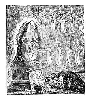 Vintage Drawing of Biblical Story of Israelites Creating the Tabernacle or Tent of the Congregation, Moses is Praying to