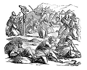 Vintage Drawing of Biblical Story of Israelites Spoken Against Moses, God Send Poisonous Snakes as Punishment photo