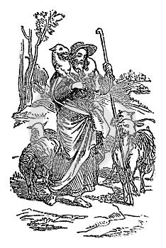 Vintage Drawing of Biblical Story of Jesus as Good Shepherd Who Cares about His Sheep. Man Holding Sheep.Bible, New