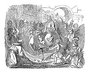 Vintage Drawing of Biblical Story of Jesus Comes to Jerusalem Triumphal as King Welcomed by Crowds.Bible, New Testament