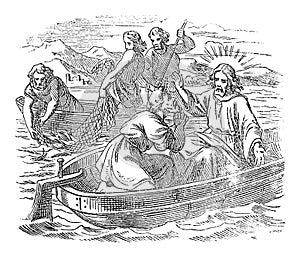 Vintage Drawing of Biblical Story of Jesus and the Miraculous Catch if Fish.Fishing on Sea of Calilee.Bible, New photo