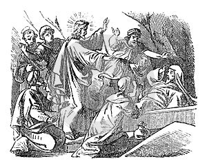 Vintage Drawing of Biblical Story of Jesus Raises Lazarus From the Death. Bible, New Testament, John 11 photo