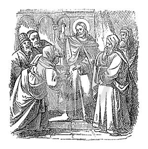 Vintage Drawing of Biblical Story of Jesus Talking with Priests and Teachers in Temple in Jerusalem about His Authority