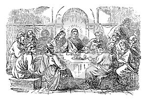 Vintage Drawing of Biblical Story of Jesus and Twelve Disciples and the Last Supper. Bible, New Testament,Matthew 26