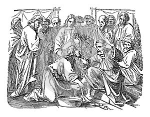 Vintage Drawing of Biblical Story of Jesus Washes His Disciples Feet.Bible, New Testament, John 13