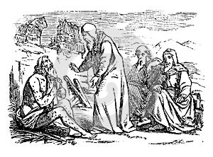 Vintage Drawing of Biblical Story of Job. Old Sick Man is Talking With Three Friends