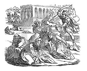 Vintage Drawing of Biblical Story of Massacre of Innocents. Soldiers Killing Babies or Infants, Mothers are Crying.Bible