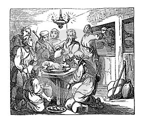 Vintage Drawing of Biblical Story of the Passover, Eastern Lamb Eaten Before Israelite Left the Egypt. Bible, Old