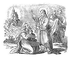 Vintage Drawing of Biblical Story of Peter Declares that Jesus is the Messiah. Jesus Is Giving the Keys of Kingdom of photo