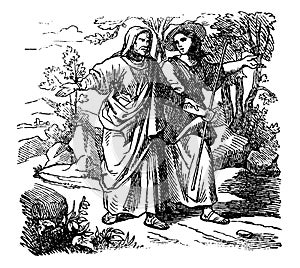 Vintage Drawing of Biblical Story of Ruth and Boaz. Man and Woman Are Walking Together