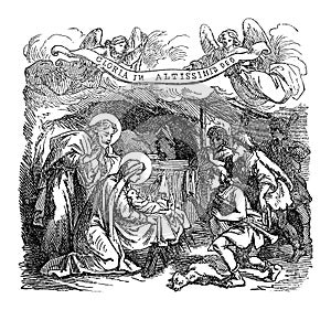 Vintage Drawing of Biblical Story of Shepherds Visiting Newborn Baby Jesus, Virgin Mary and Joseph in Bethlehem.Bible