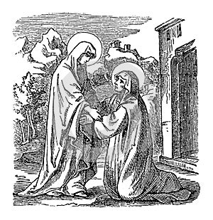Vintage Drawing of Biblical Story of Virgin Mary, Mother of Jesus, Visiting Saint Elizabeth. Bible, New Testament, Luke