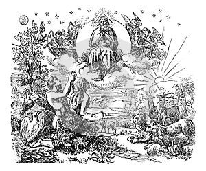 Vintage Drawing of Biblical World and Garden of Eden Created by God