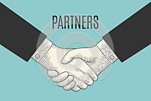 Vintage drawing of handshake in engraving style with text Partners