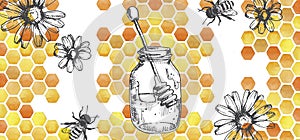 vintage drawing with honeycombs, honey & bees. design for packaging, banner. yellow watercolor honeycombs and graphic ink drawing