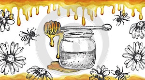 vintage drawing with honeycombs, honey & bees. design for packaging, banner. yellow watercolor honeycombs and graphic ink drawing