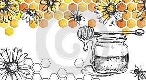 vintage drawing with honeycombs, honey & bees. design for packaging, banner. yellow watercolor honeycombs and graphic ink drawing