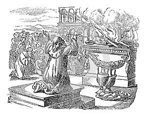 Vintage Drawing of King Solomon Sacrificing to God after Finished the Temple. Man Praying in Front of Altar.Bible, 2 photo