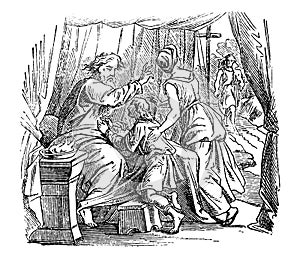 Vintage Drawing of Old Man Giving Blessing to Boy, Biblical Story About Issac, Jacob and Esau