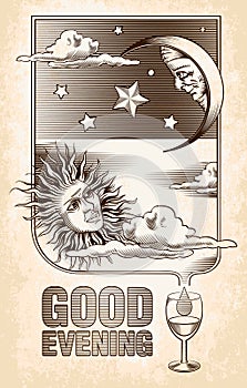 Vintage drawing of the sun, moon and stars. Good