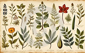 Vintage drawings of plants on old stained paper