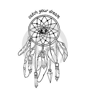 Vintage dreamcatcher with feathers and crystals and hand lettering Catch Your Dream