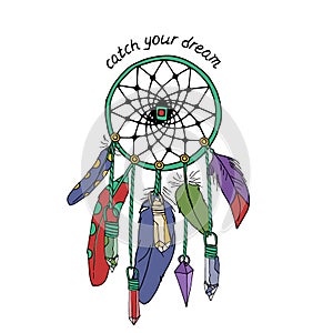 Vintage dreamcatcher with feathers and crystals and hand lettering Catch Your Dream