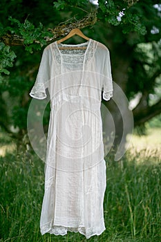 Vintage dress hangs outside drying under an old large oaktree.