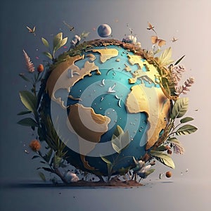 Vintage earth globe with flowers and leaves. 3D illustration that celebrates World Environment Day.