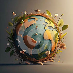 Vintage earth globe with flowers and leaves. 3D illustration that celebrates World Environment Day.