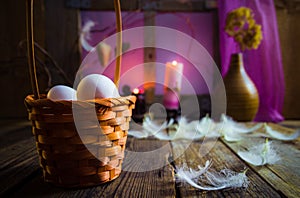 Vintage Easter basket eggs feathers