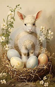 Vintage Easter card from 1910-1920. Cute lamb with Easter eggs